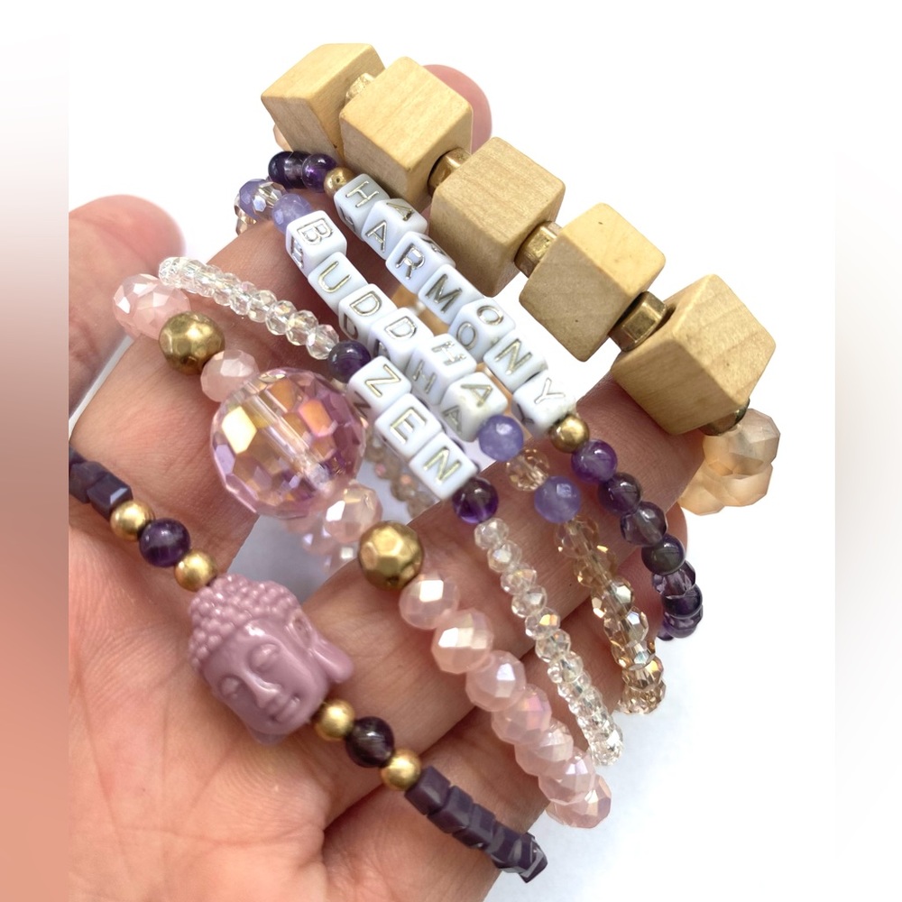 Buddha purple wood 6 set bracelet stretch stack zen religious yoga spiritual
